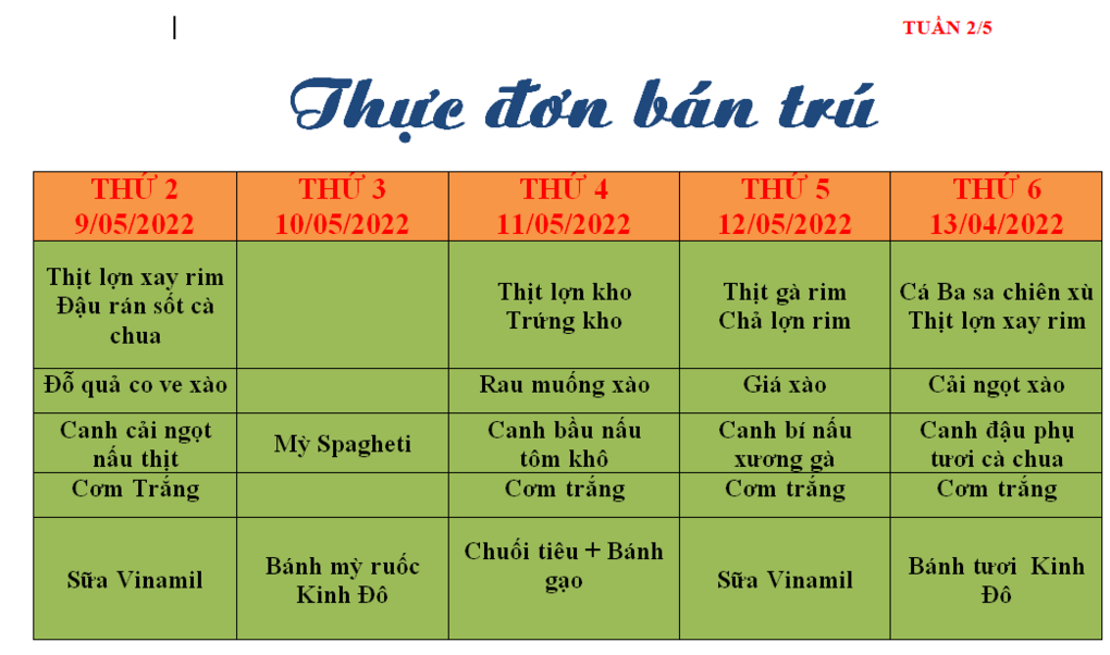 Thực đơn bán trú tuần 33