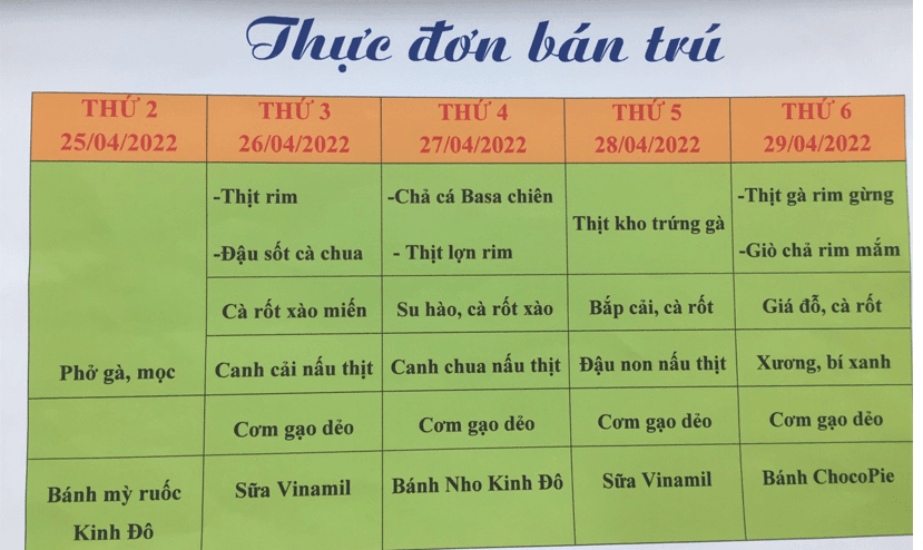 Thực đơn bán trú tuần 31