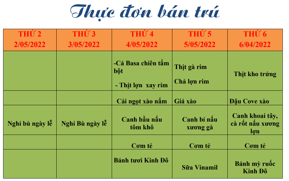Thực đơn bán trú tuần 32