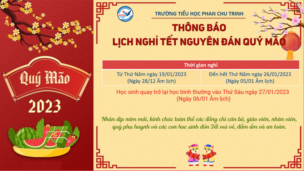 Trường TH Phan Chu Trinh Thông báo lịch nghỉ Tết Nguyên Đán Quý Mão 2023