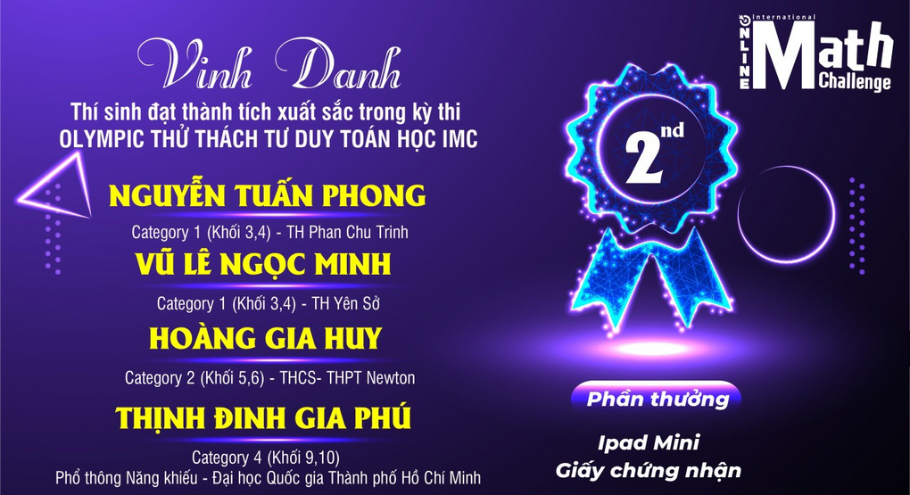 Trường Tiểu học Phan Chu Trinh vinh danh học sinh  đạt Giải Vàng - Cuộc thi Thử thách Tư duy Toán học quốc tế IMC