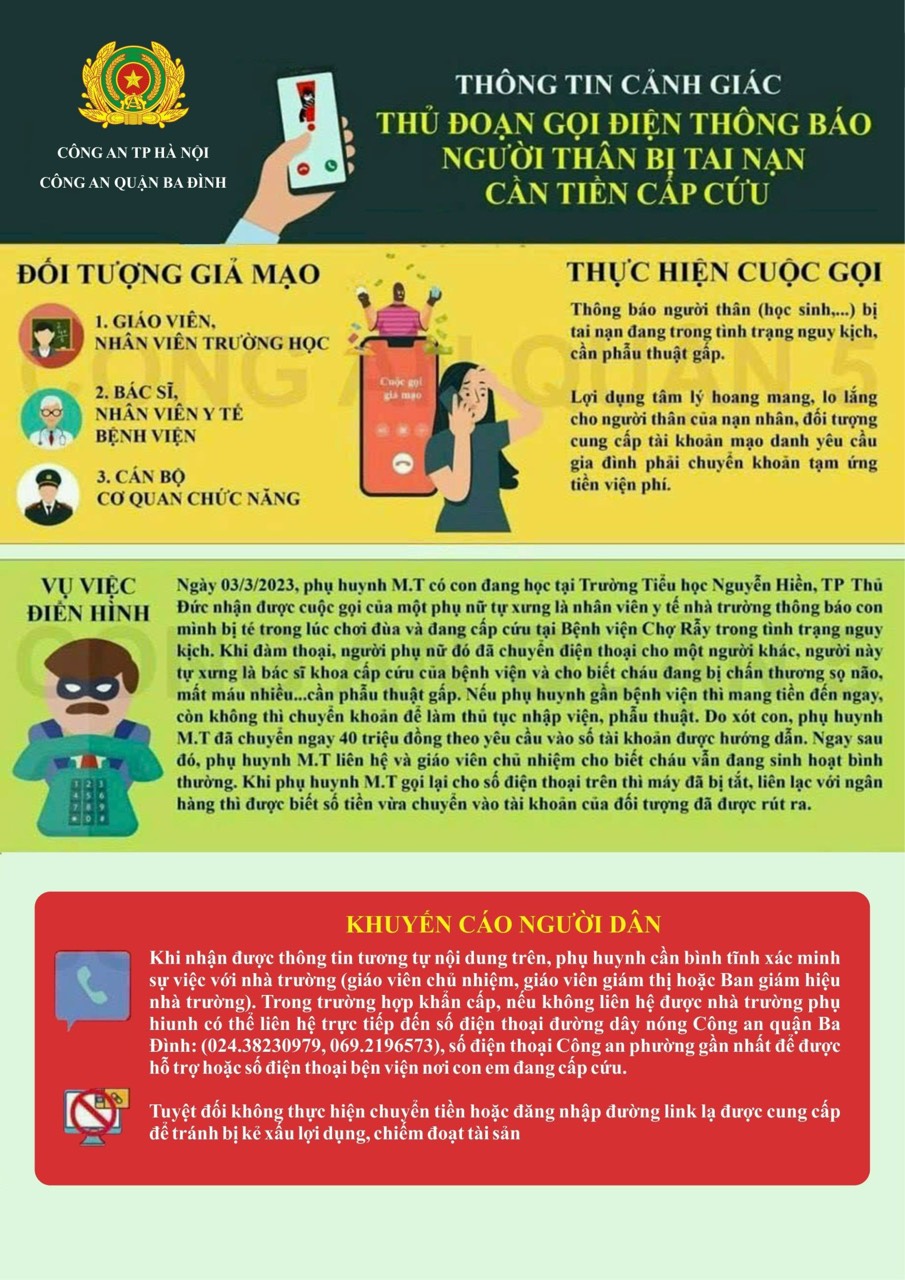 Thông tin cảnh giác thủ đoạn gọi điện thông báo người thân bị tai nạn cần tiền cấp cứu