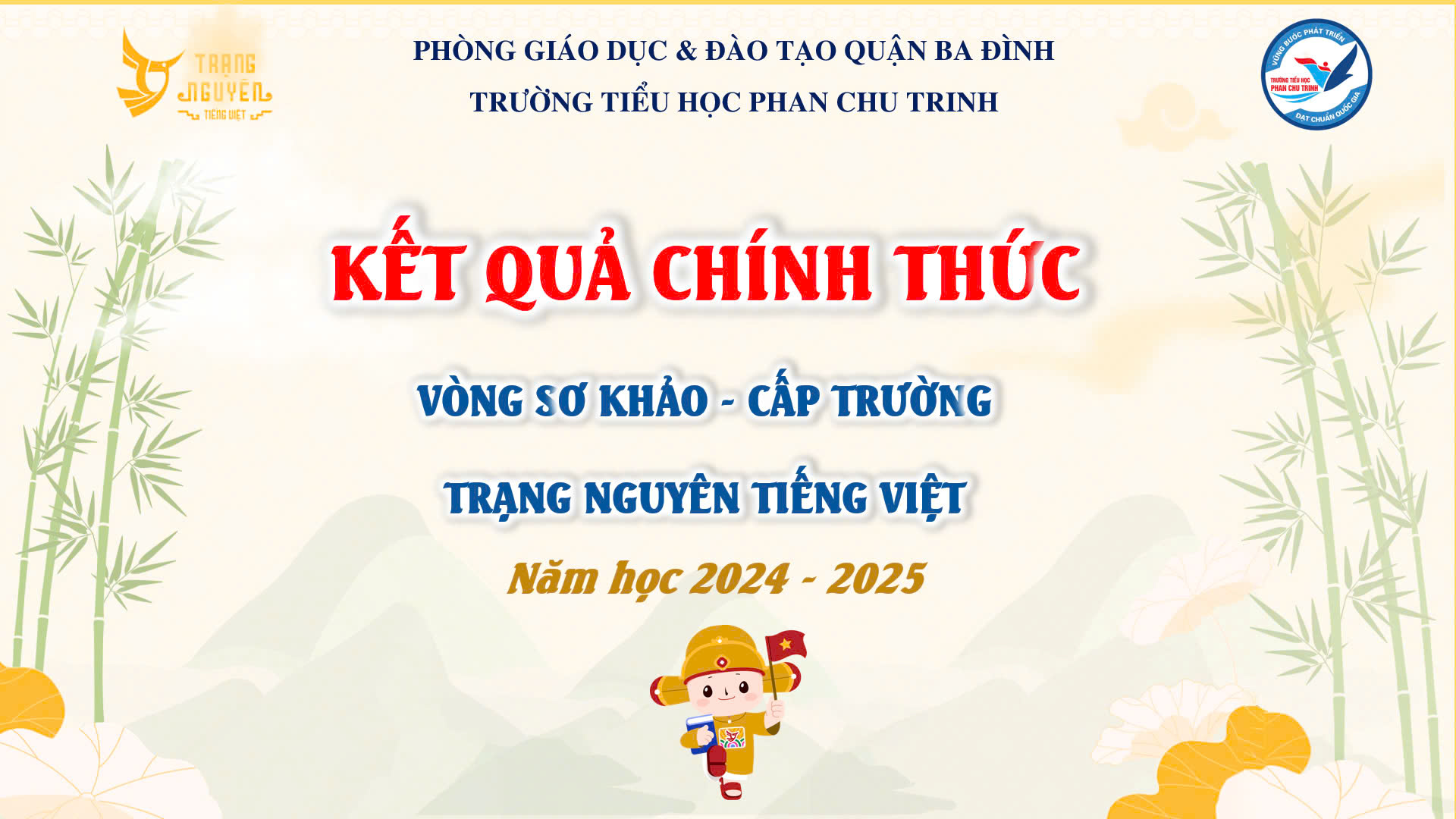 Kết quả chính thức Vòng 7 - Sơ khảo - Cấp Trường sân chơi Trạng Nguyên Tiếng Việt -Khối 1 Năm học 2024 - 2025