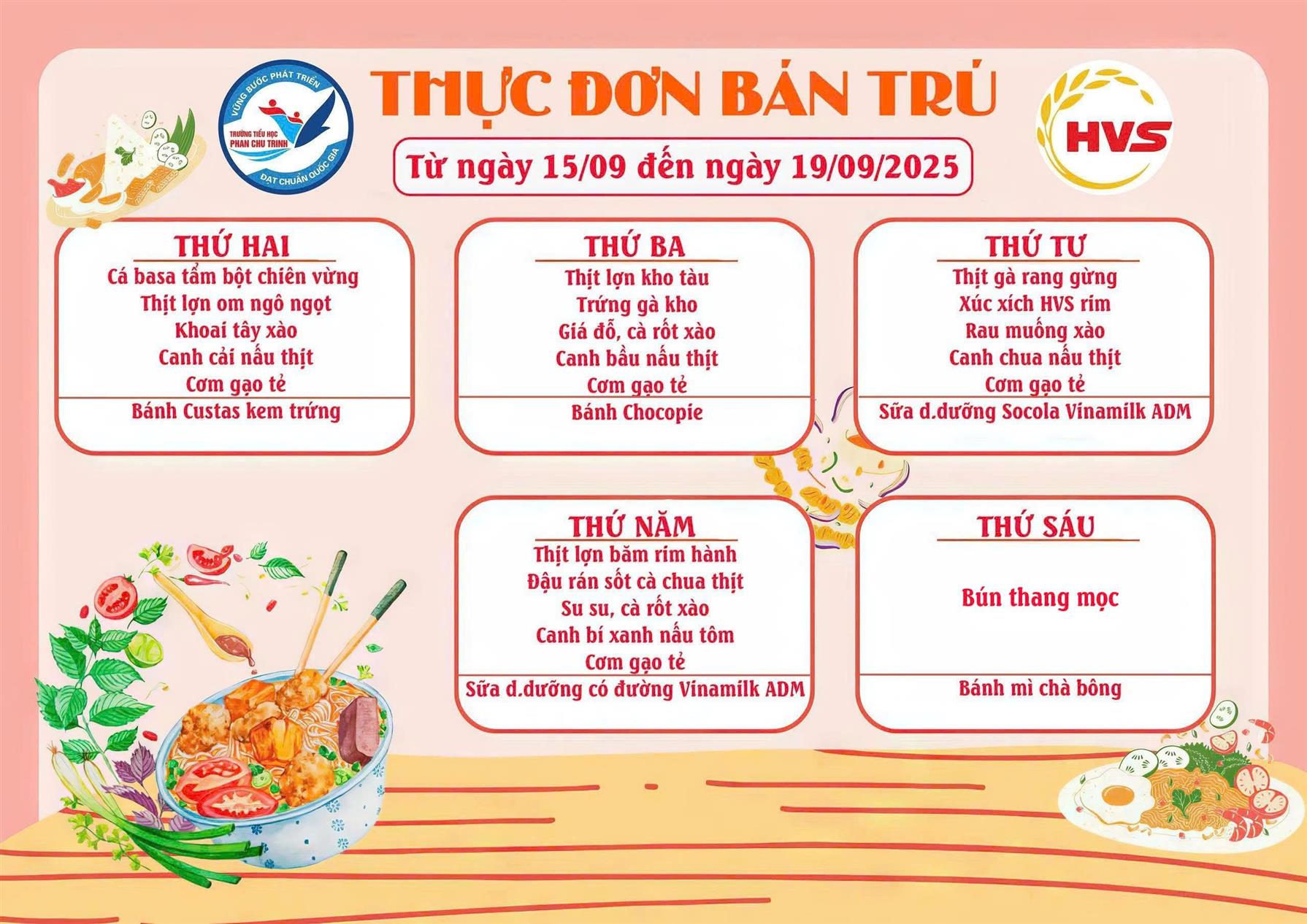 Thực đơn Bán trú tuần 2 năm học 2025 - 2026