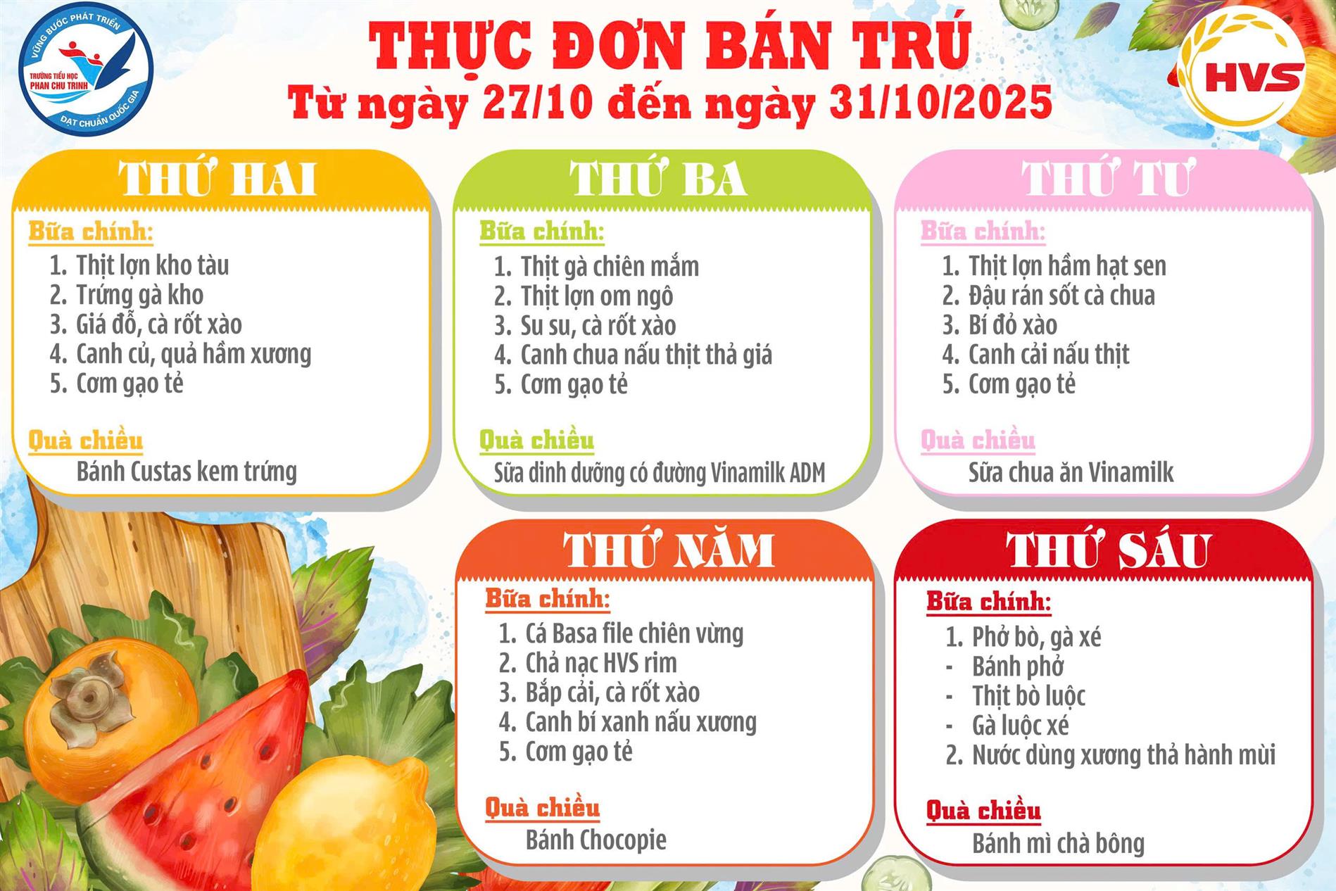 Thực đơn Bán trú tuần 8 năm học 2025 - 2026