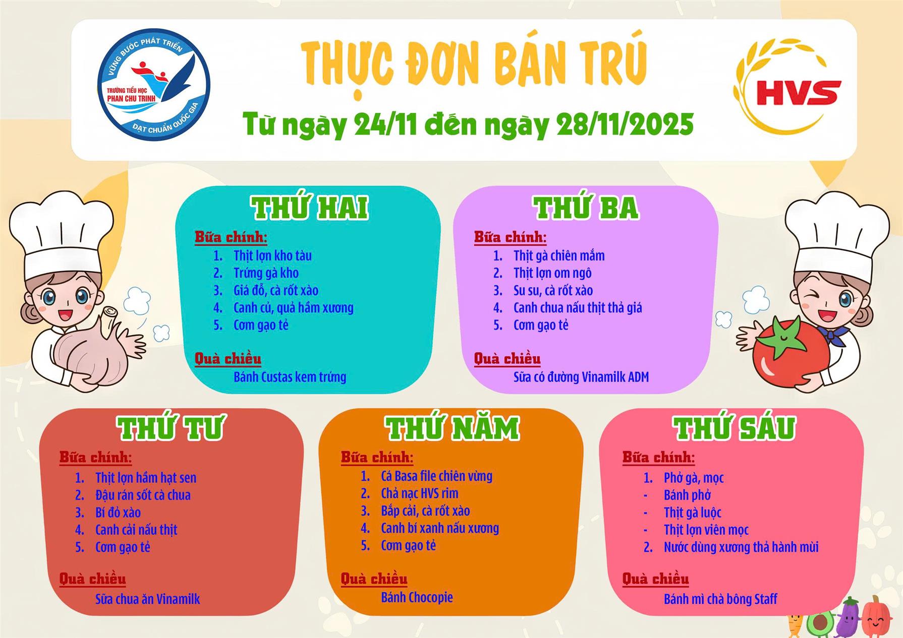 Thực đơn Bán trú tuần 12 năm học 2025 - 2026