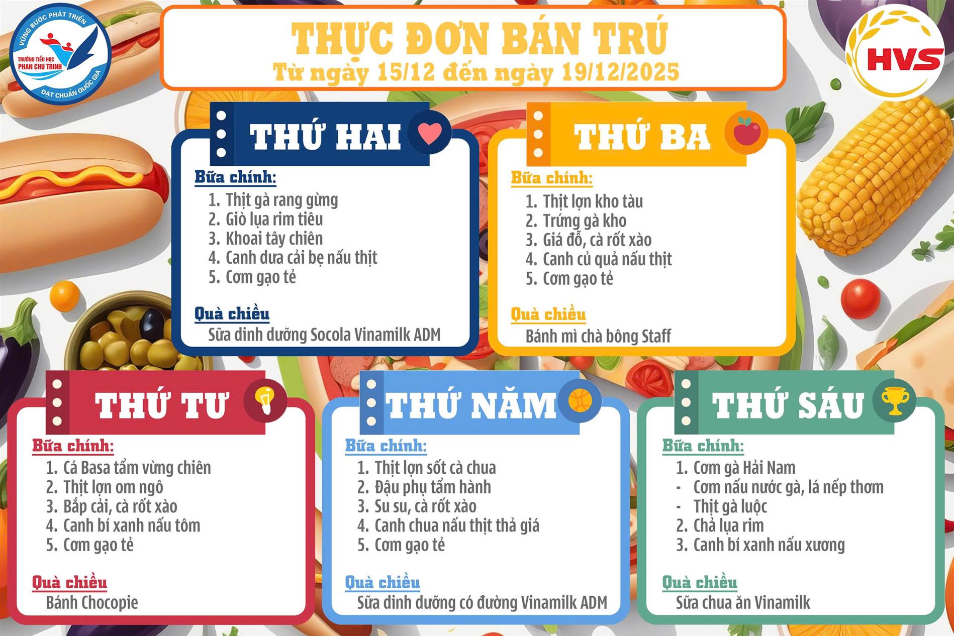 Thực đơn Bán trú tuần 15 năm học 2025 - 2026