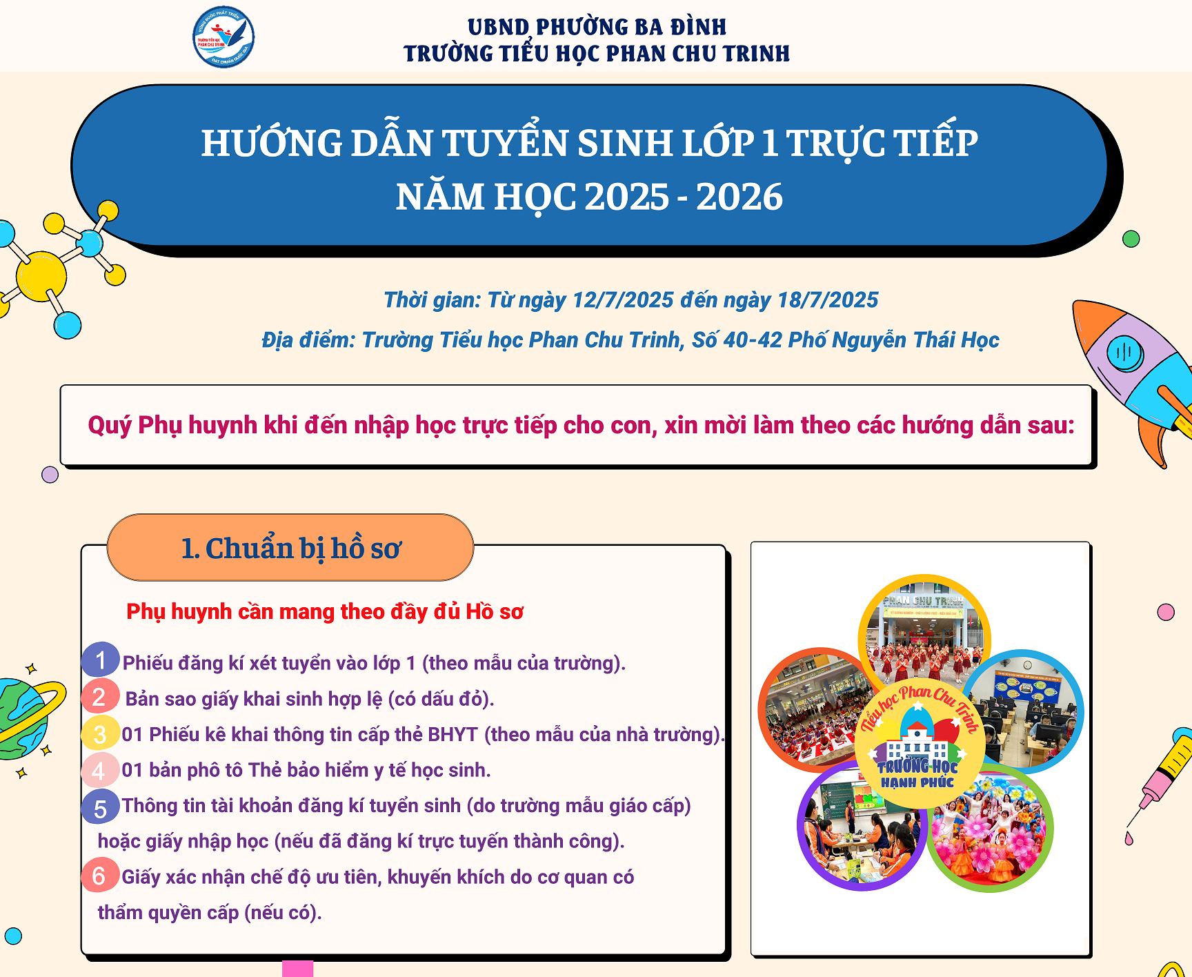 Thông báo về công tác Tuyển sinh trực tiếp lớp 1 - Năm học 2025-2026 của trường Tiểu học Phan Chu Trinh – phường Ba Đình, thành phố Hà Nội