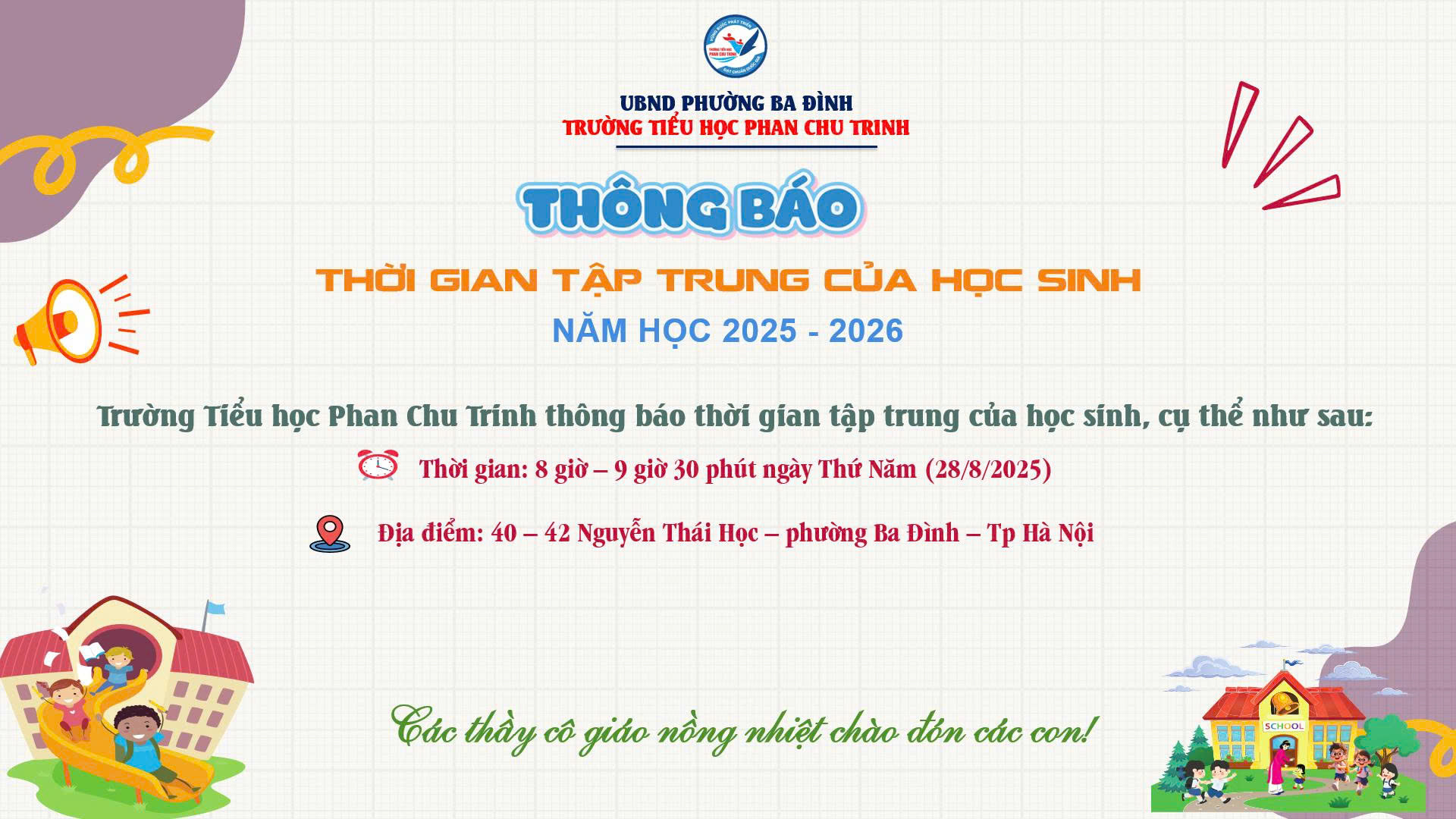 Thông báo thời gian tập trung của học sinh năm học 2025 - 2026
